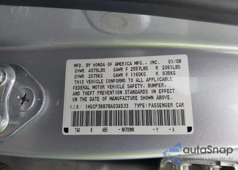 2008 Honda Accord 3.5 Ex-L z USA, uszkodzony, nr VIN 1HGCP36878A034533